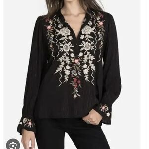 Johnny Was Black Blouse with Floral Embroidery